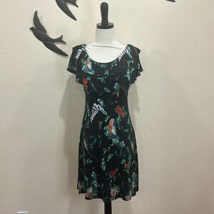 Julie Brown - 100% Silk Floral Print Ruffled Collar Fit & Flare Dress - Size S